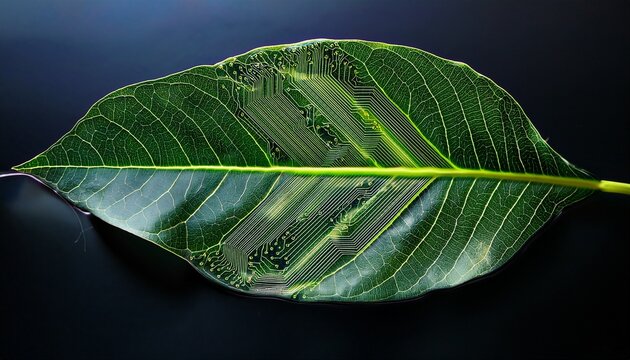 leaf with vibrant green veins with circuit board patterns against a dark background symbolizing the intersection of nature and technology in a sustainable future