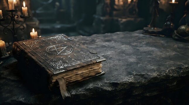 Ornate antique book with decorative metal cover rests on stone surface surrounded by candlelight in dark, mystical setting. Suitable for fantasy, occult, and historical themes.