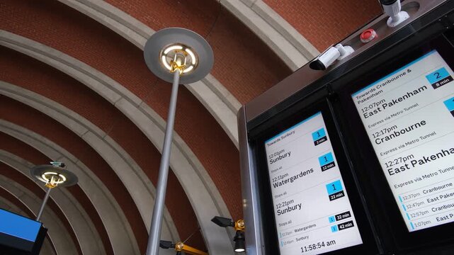 Digital passenger information display screens with security cameras, and live departure times for Sunbury, Pakenham, and Cranbourne lines inside Arden railway station in North Melbourne, Australia.&nbsp;