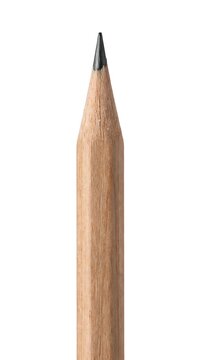 Sharpened wooden pencil with natural wood barrel and dark graphite tip isolated on white background for writing, drawing, and art projects.
