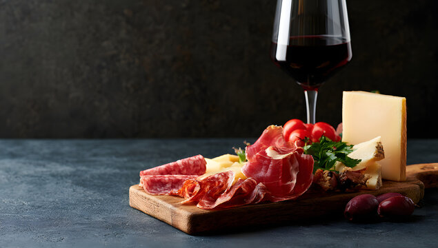 A beautifully crafted glass of red wine paired with a refined charcuterie board that showcases various cured meats and cheeses, along with designated space for branding