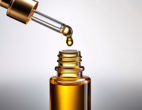 a golden beauty serum bottle with its glass dropper displays a single precious liquid drop beautifully isolated for clean presentation