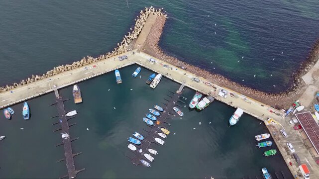 Aerial view of a small working fishing boat moored at a harbor pier, surrounded by seagulls, fishing equipment, parked vehicles and rows of colorful boats along the waterfront.