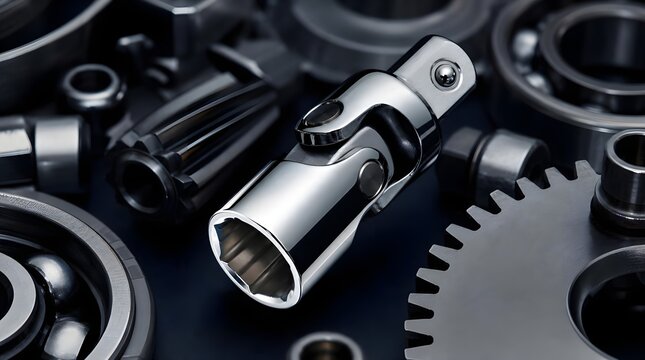 Chrome Universal Joint Socket Surrounded by Precision Mechanical Parts for Premium Automotive Tool Product Photography