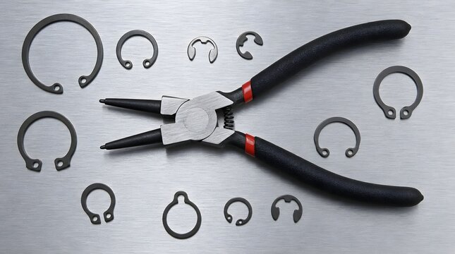 Metal Snap-Ring Pliers with Retaining Rings on Brushed Surface for Automotive Tool Catalog Photography Campaigns