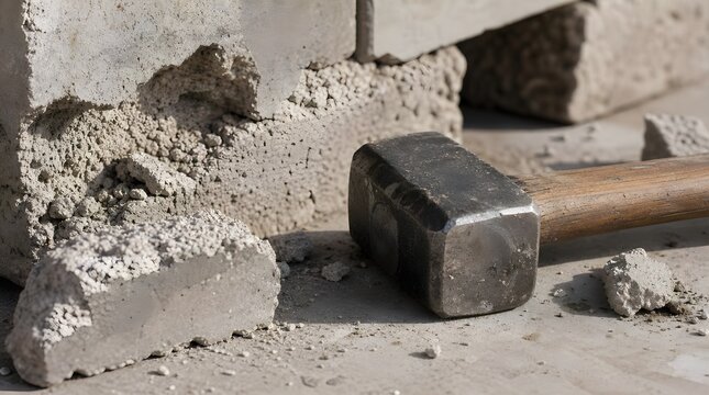 Forged Steel Brick Hammer Beside Chipped Masonry Blocks Creates Rugged Construction Tool Marketing Campaign Visuals