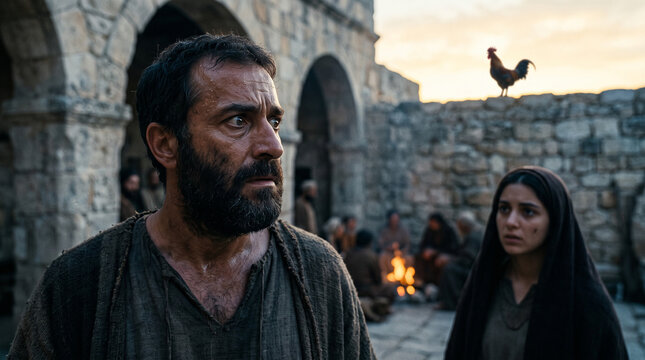 Peter the apostle feeling distressed after denying Jesus with a rooster crowing in the background. Biblical scene depicting repentance and sorrow. Ancient historical drama production.