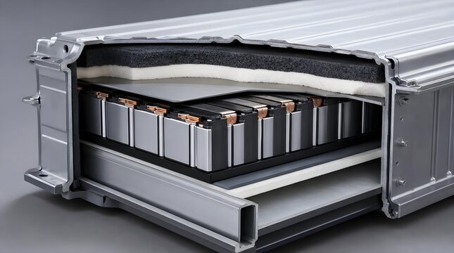 Electric Vehicle Battery Fire Protection Layer Shown in Cutaway Assembly for Advanced Safety Engineering Promotion