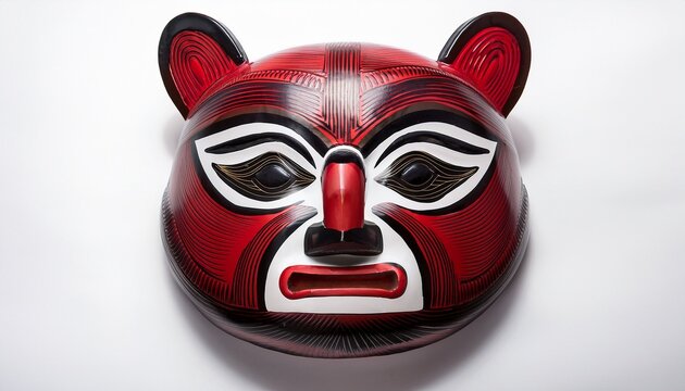 a close up of the graphic print depicting a traditional haida animal mask featuring bold red and black colors against a white background