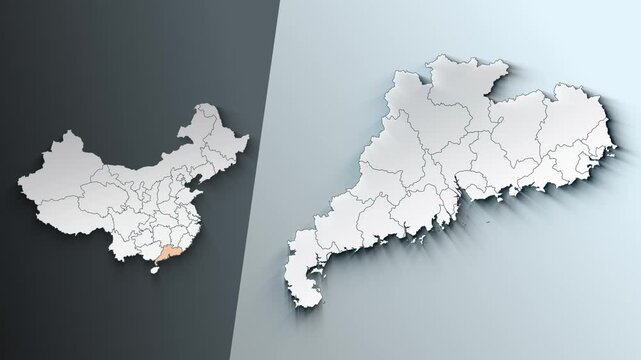 Animated Map of Guangdong Region Highlighted Within China with Administrative Borders