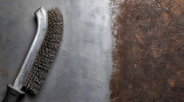 Metal Wire Brush Beside Cleaned and Rusted Steel Surfaces Demonstrates Powerful Restoration Performance for Marketing