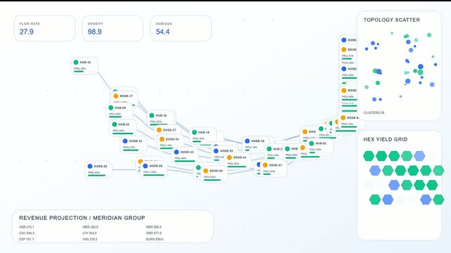A detailed revenue projection dashboard showing interconnected nodes and flow networks while transitioning through multiple software interface screens during a financial data analysis processing task