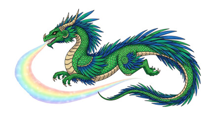 Fototapeta premium Green feathered dragon flying and breathing a vibrant rainbow arc, mythical creature with blue accents isolated on a transparent background