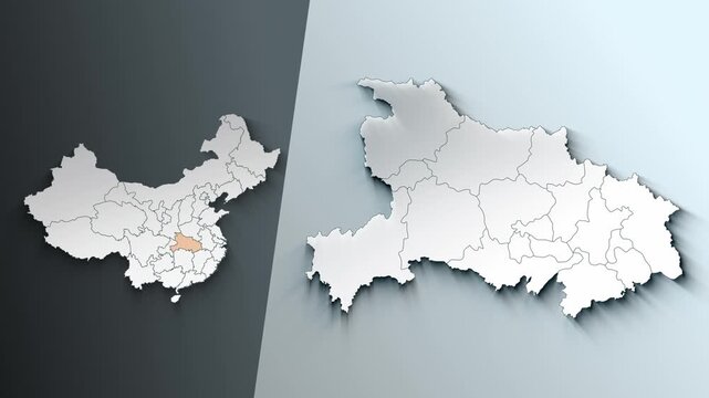 Animated Map of Hubei Region Highlighted Within China with Administrative Borders