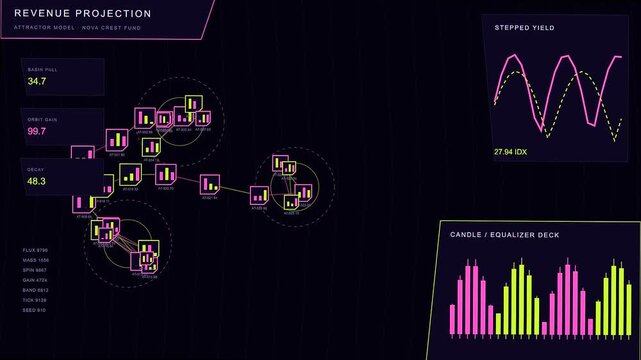a financial revenue projection interface displays complex motion graphics with glowing neon lines nodes and bar charts in a dark digital space for analytical purposes