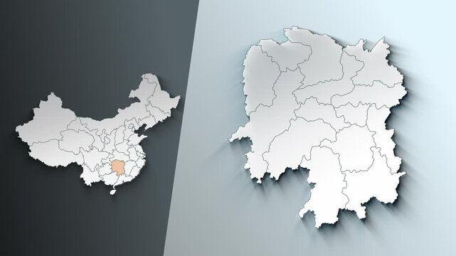 Animated Map of Hunan Region Highlighted Within China with Administrative Borders