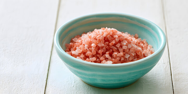A turquoise bowl adorned with pink salt on a white surface