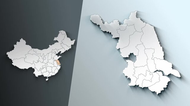 Animated Map of Jiangsu Region Highlighted Within China with Administrative Borders