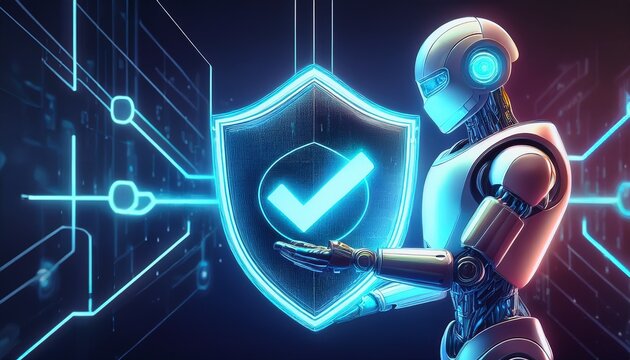 a futuristic image depicting a robot holding a digital shield with a check mark symbolizing security