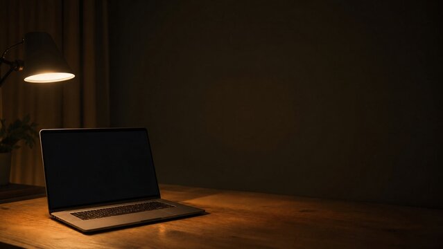 Laptop with a blank screen glowing on a desk in a dark room for late night online shopping and Black Friday sales