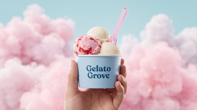A hand holding a paper cup of mixed flavor gelato with a pink spoon against a dreamy, surreal background of soft pink and blue pastel clouds.