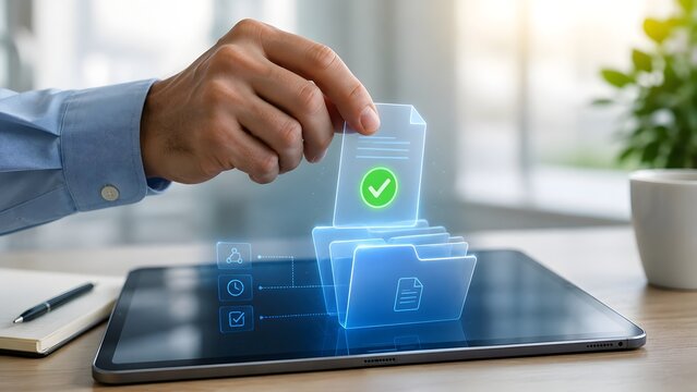 Businessman hand organizing holographic digital documents and folders floating above tablet computer