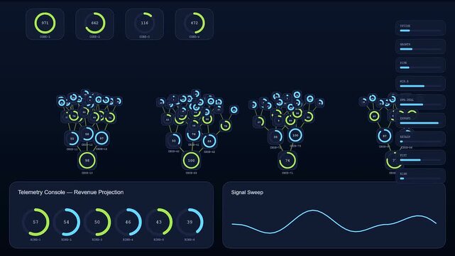 a revenue projection visualization appears on digital screens as glowing circular graphs and interconnected light nodes evolve during a live data processing monitoring cycle display