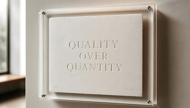 Quality over quantity embossed text on paper framed in acrylic glass presentation