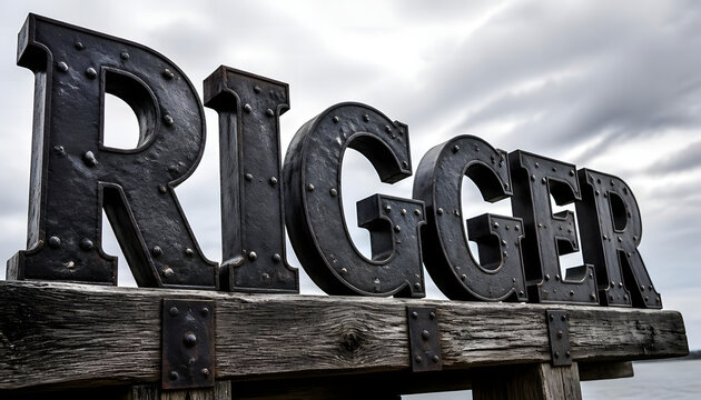 Industrial metal Rigger letters with rivets mounted on weathered wooden beam outdoor