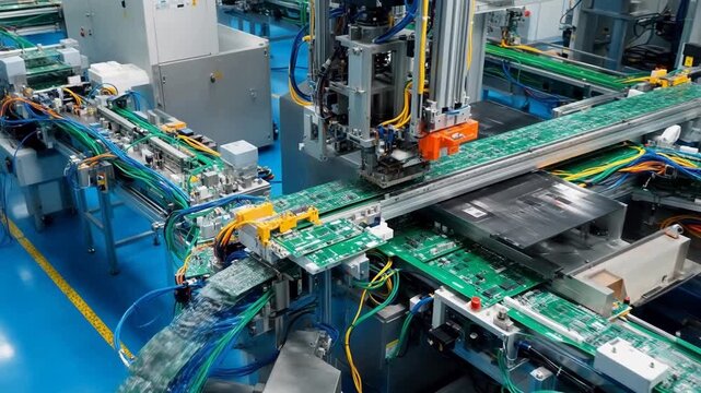 Automated assembly line with robotic arm installing components on green circuit boards in industrial factory setting