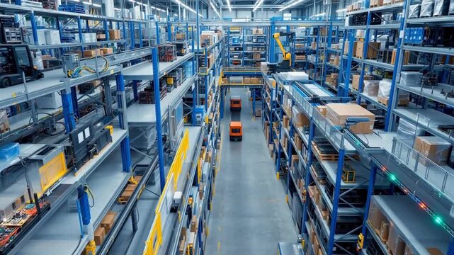 Aerial view of a modern automated warehouse with orange autonomous vehicles navigating between tall blue shelving units filled with boxes and equipment