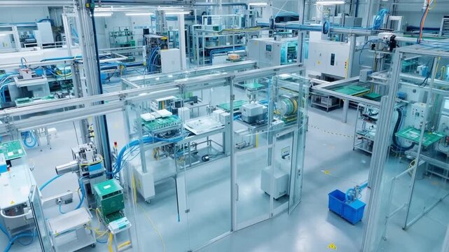 Modern automated factory floor with glass-enclosed workstations, conveyor systems, and organized industrial machinery