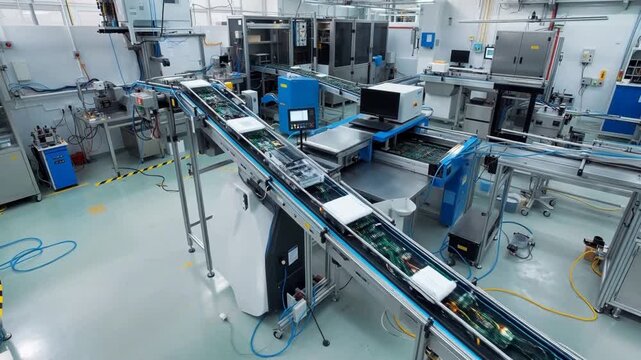Automated electronics assembly line with circuit boards moving on conveyor belts in a clean industrial facility