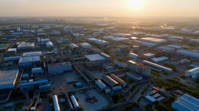 Aerial view of a sprawling industrial complex at golden hour, featuring numerous buildings, storage tanks, and interconnected pipelines under a hazy sky