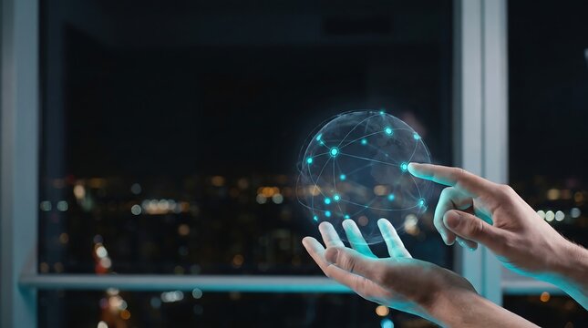 Hands manipulating a glowing digital globe hologram representing global connectivity and futuristic network technology in a modern office