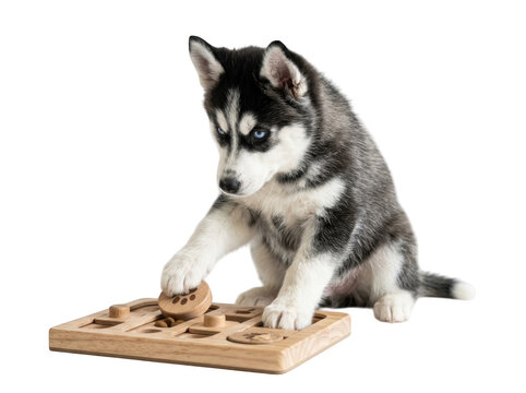 Cute husky puppy playing with a wooden puzzle toy game for mental stimulation and fun training activity isolated on transparent background