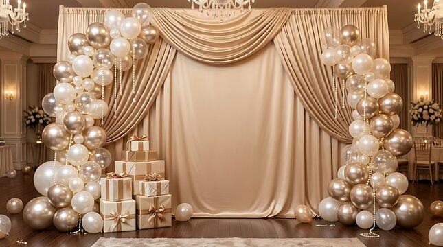 Elegant gold and white balloon arch backdrop for a luxury happy birthday party celebration and event decoration