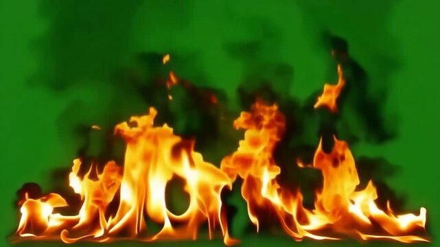 Flames Igniting the Scene: A vibrant display of fire with an orange and yellow blaze erupts against a stark green background, creating a dramatic and energetic visual.