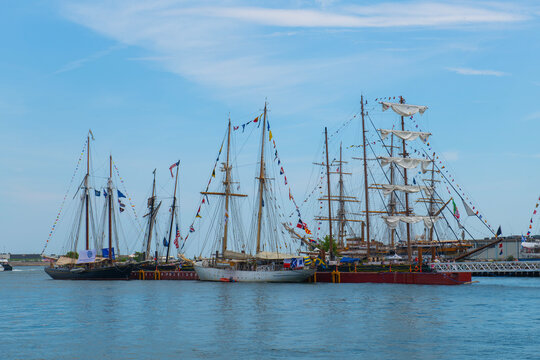 HMS Gladan, a schooner sailing ship of Sweden, docked in Boston Seaport durning Sail Boston 2026, Boston, Massachusetts, MA, USA.