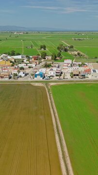 Aerial view of rural village and rice fields in Ebro Delta Natural Park, Deltebre, Catalonia, Spain