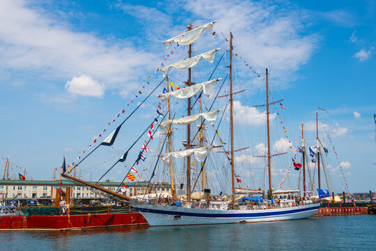 Juan Bautista Cambiaso, a Barquentine sailing ship of Dominican Republic, docked in Boston Seaport durning Sail Boston 2026, Boston, Massachusetts, MA, USA.