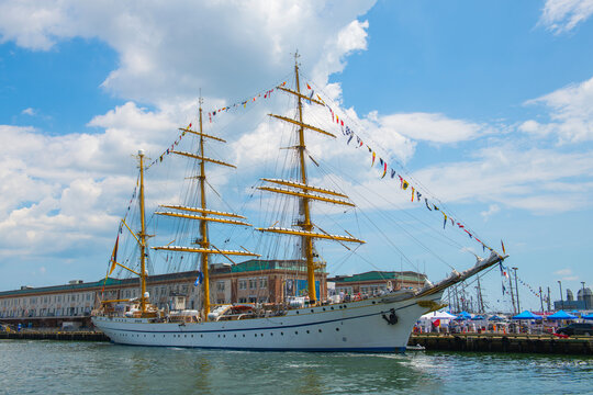 Gorch Fock, a Barque sailing ship of Germany, docked in Boston Seaport durning Sail Boston 2026, Boston, Massachusetts, MA, USA.