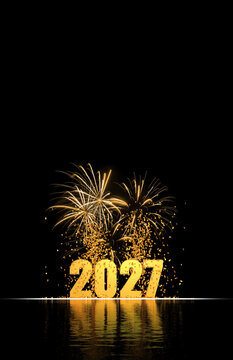 3D Render of Golden 2027 Numbers with Fireworks and Confetti Reflecting on Water Background with Copy Space for Vertical Greeting Card
