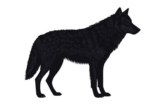 Black standing wolf silhouette facing right isolated