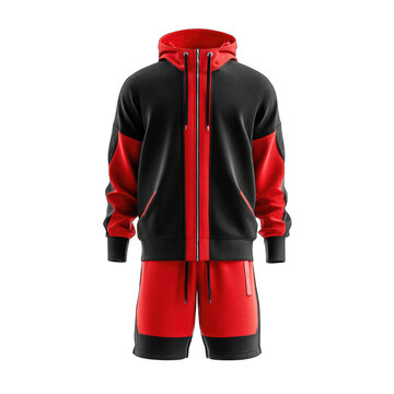 A two-piece athletic outfit, featuring a zip-up hoodie and shorts, is shown in black and red color blocking.  The design is modern and sporty