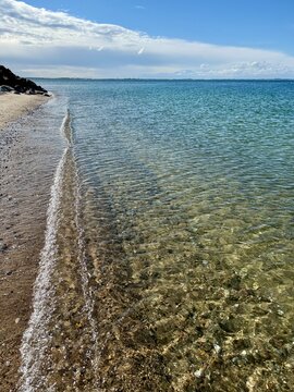 Clear Kattegat sea and an empty beach in summer, Maarup, Samsoe, Jutland, Denmark