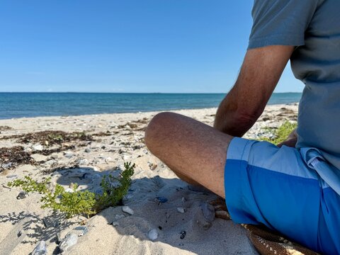 Side view of a man in shorts sitting on an unspoiled sandy beach on a summer day, Samsoe, Jutland, Denmark