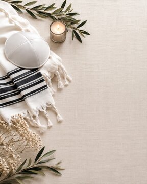 Minimal Yom Kippur Flat Lay with Kippah Tallit and Copy Space