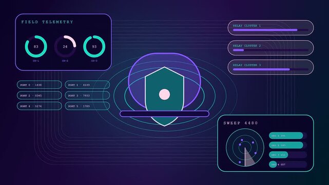 Digital signal shielding displays feature animated radar sweeps and circular data gauges monitoring network traffic on a dark purple screen showing system security status updates across nodes