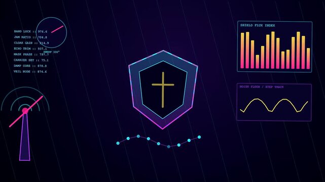 Signal shielding displays appear on three digital panels showing pulsating waves and moving data points within a dark glowing graphical interface of glowing neon geometry